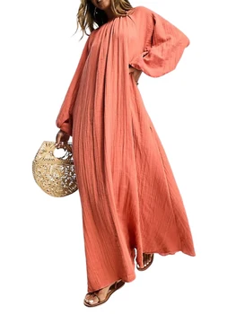 Элегантное женское однотонное платье макси с пышными рукавами, круглым вырезом и длинными рукавами - Стильные повседневные многослойные качели в стиле бохо