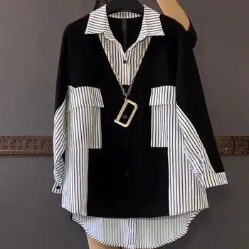 Модная Корейская полосатая рубашка в стиле пэчворк, Женская Повседневная Универсальная Однобортная Блузка с длинным рукавом, Женская одежда 2022